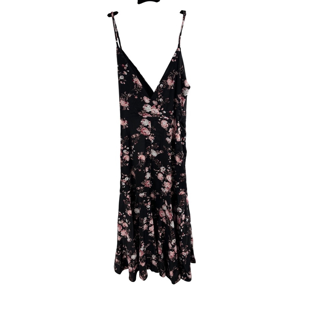 Dee Elly Black Floral Ruched Side Midi Dress Spaghetti Strap V Neck